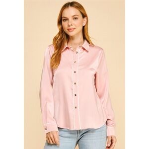 1137 • Ballet Pink Charmeuse Button Front Shirt w//Ivory Contrast